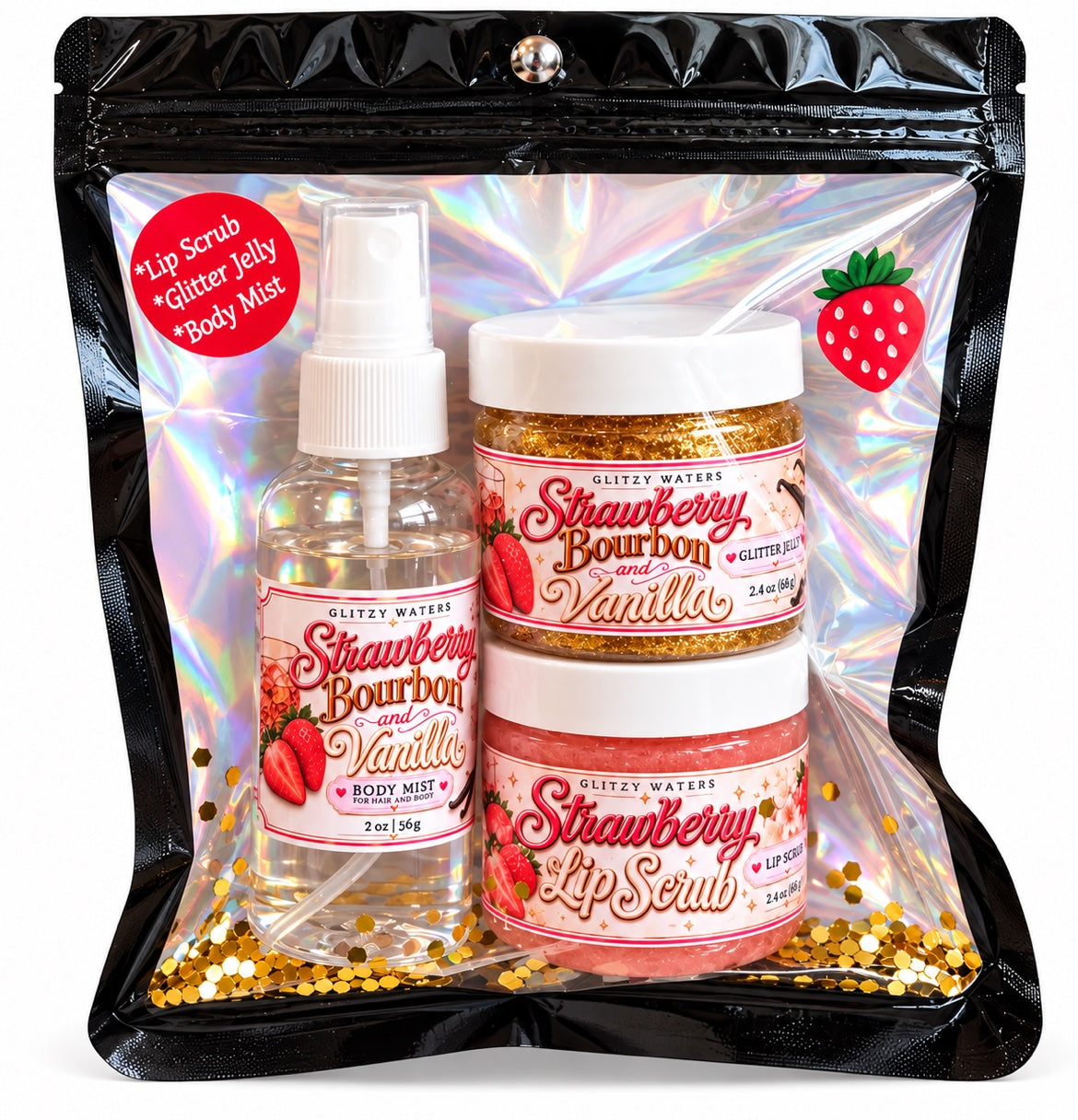 Strawberry Bourbon and Vanilla Gift Set by Glitzy Waters - body mist, glitter jelly and strawberry lip scrub in a holographic gift pouch