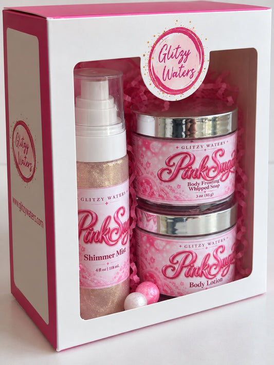 Pink Sugar Gift Set side view — boxed bath and body gift set by Glitzy Waters