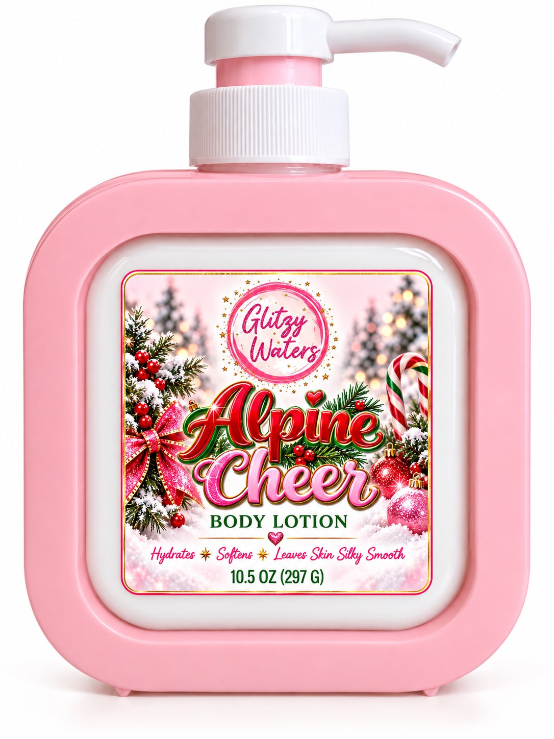 Alpine Cheer Body Lotion by Glitzy Waters - pink pump bottle with festive holiday label, 10.5 oz