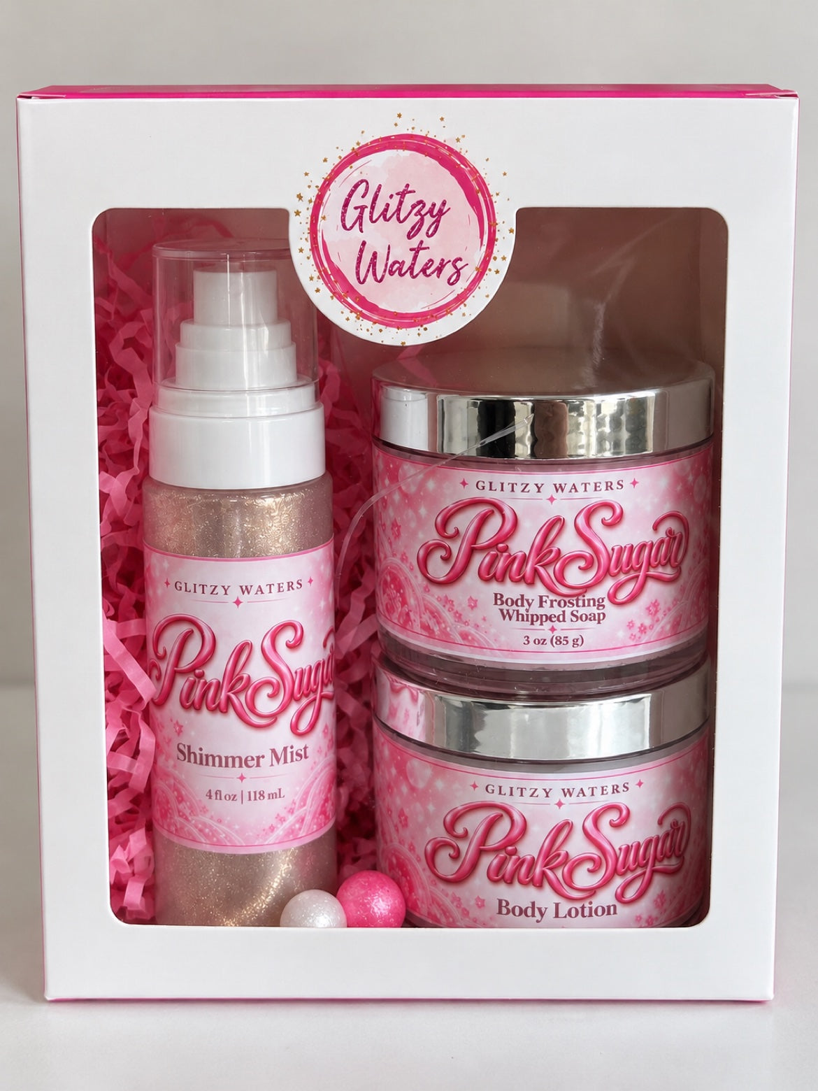 Pink Sugar Gift Set — Glitzy Waters gift box with shimmer mist, whipped soap and body lotion