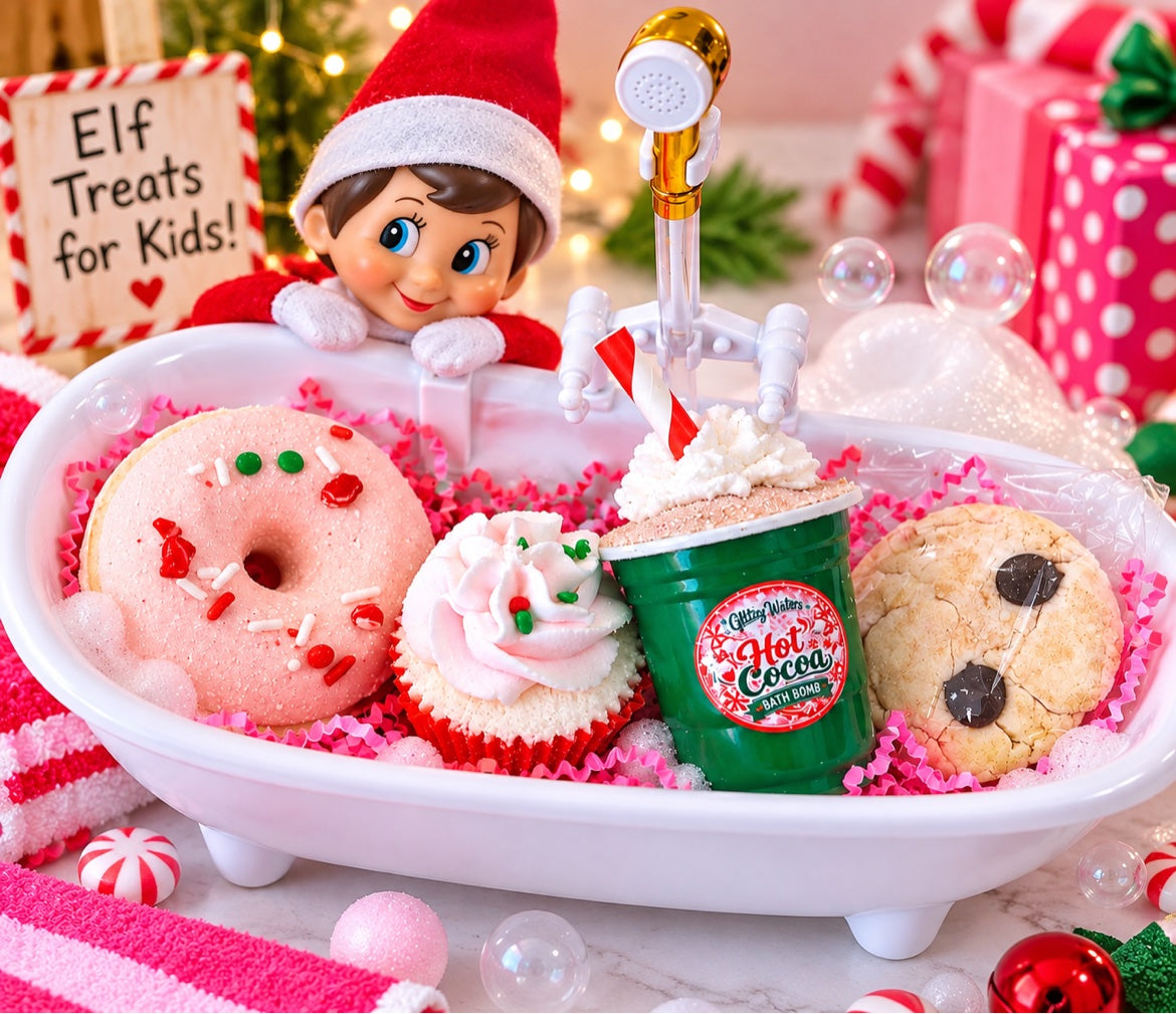 Elf Bath Treats Gift Set by Glitzy Waters — mini toy bathtub with hot cocoa, cupcake and donut bath bombs and a cookie bubble bath treat