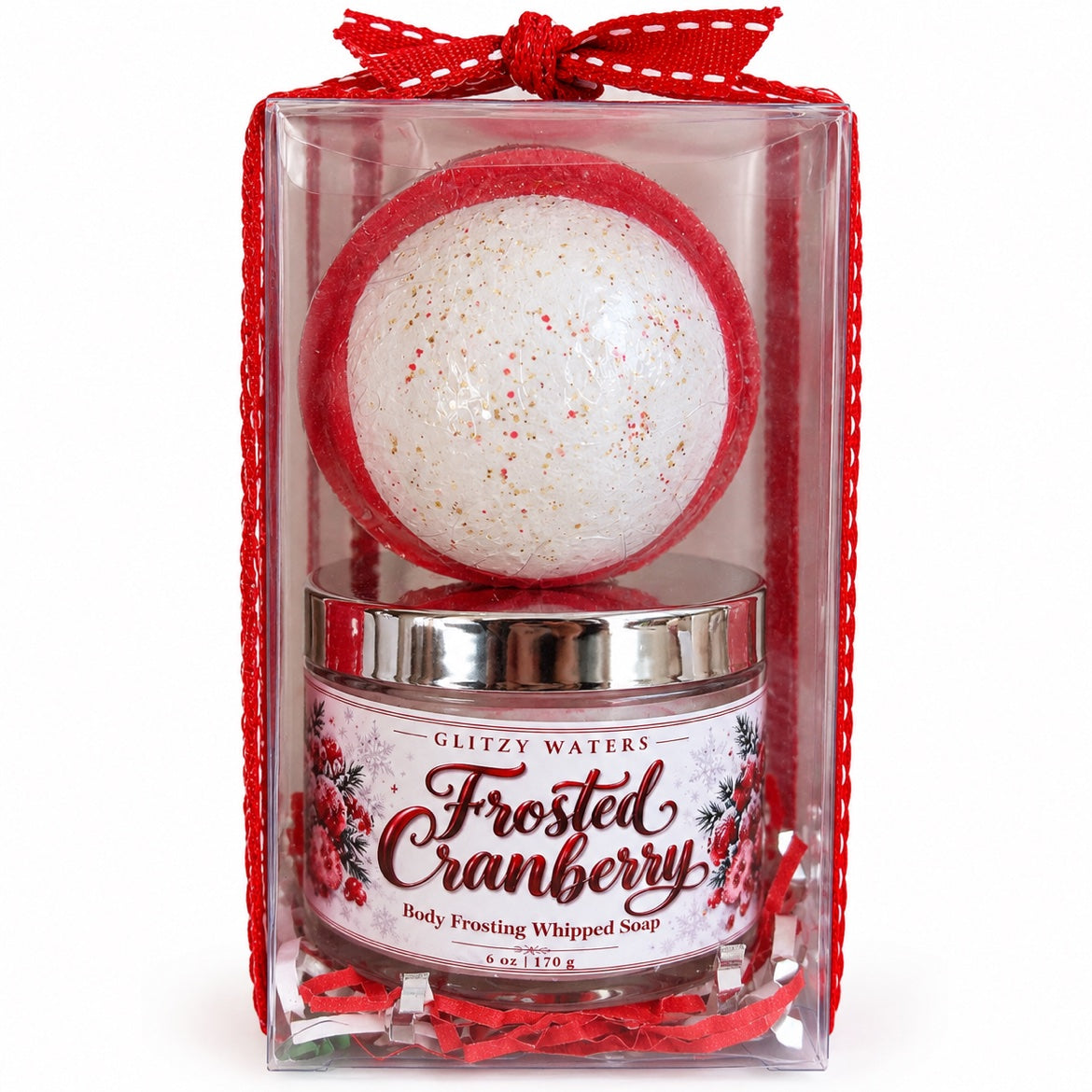 Frosted Cranberry Gift Set by Glitzy Waters — whipped soap and bath bomb in a clear gift box with red bow