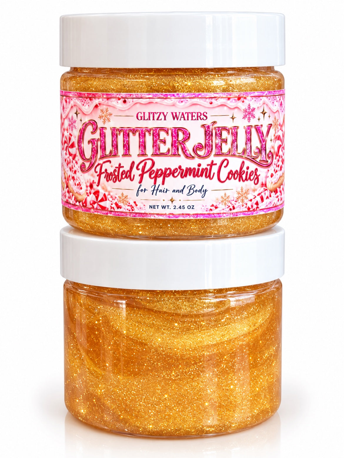 Glitter Jelly for Hair and Body by Glitzy Waters — Frosted Peppermint Cookies, gold glitter gel, 2.45 oz