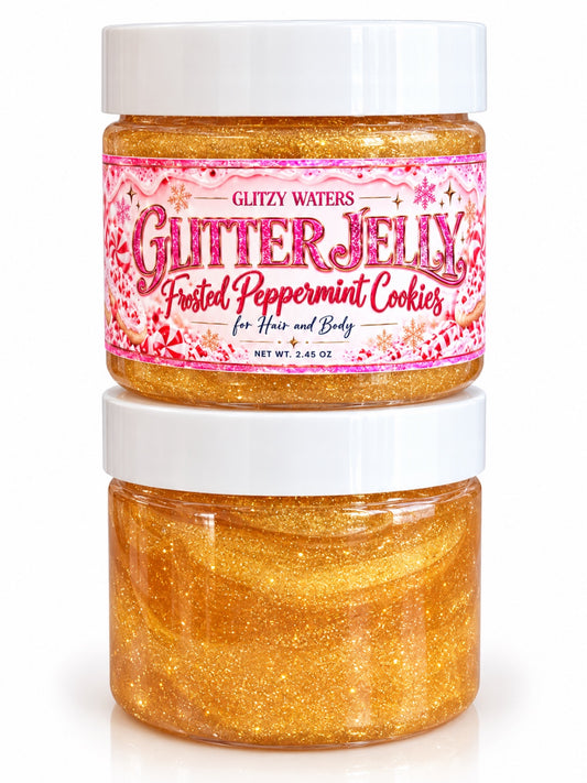 Glitter Jelly for Hair and Body by Glitzy Waters — Frosted Peppermint Cookies, gold glitter gel, 2.45 oz