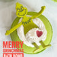 Merry Grinchmas Bath Bomb by Glitzy Waters — bright green bath bomb with white frosting swirl and red heart, Mahogany Teakwood scent
