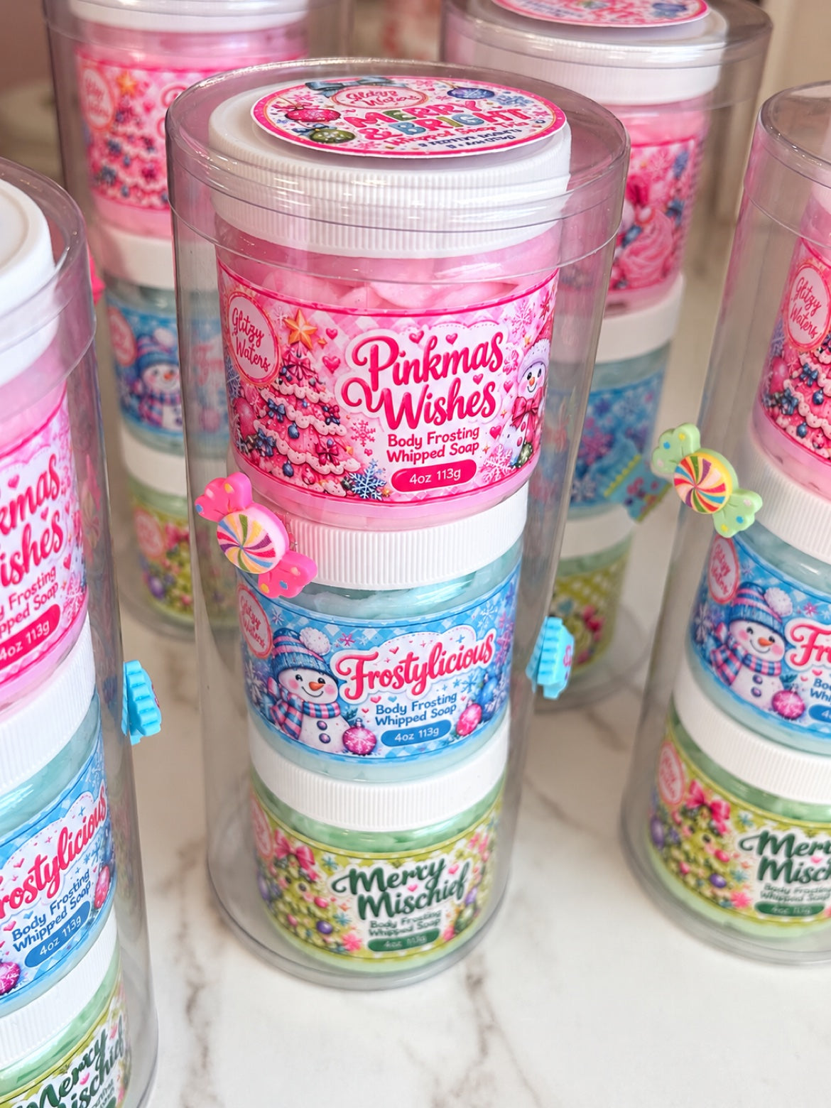 Merry & Bright Whipped Soap Trio by Glitzy Waters — Pinkmas Wishes, Frostylicious and Merry Mischief 4 oz whipped soaps in a gift tube