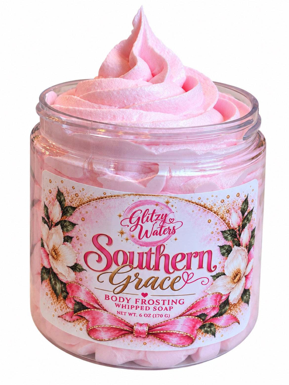 Southern Grace Body Frosting Whipped Soap by Glitzy Waters — pink whipped soap swirl in jar, 6 oz