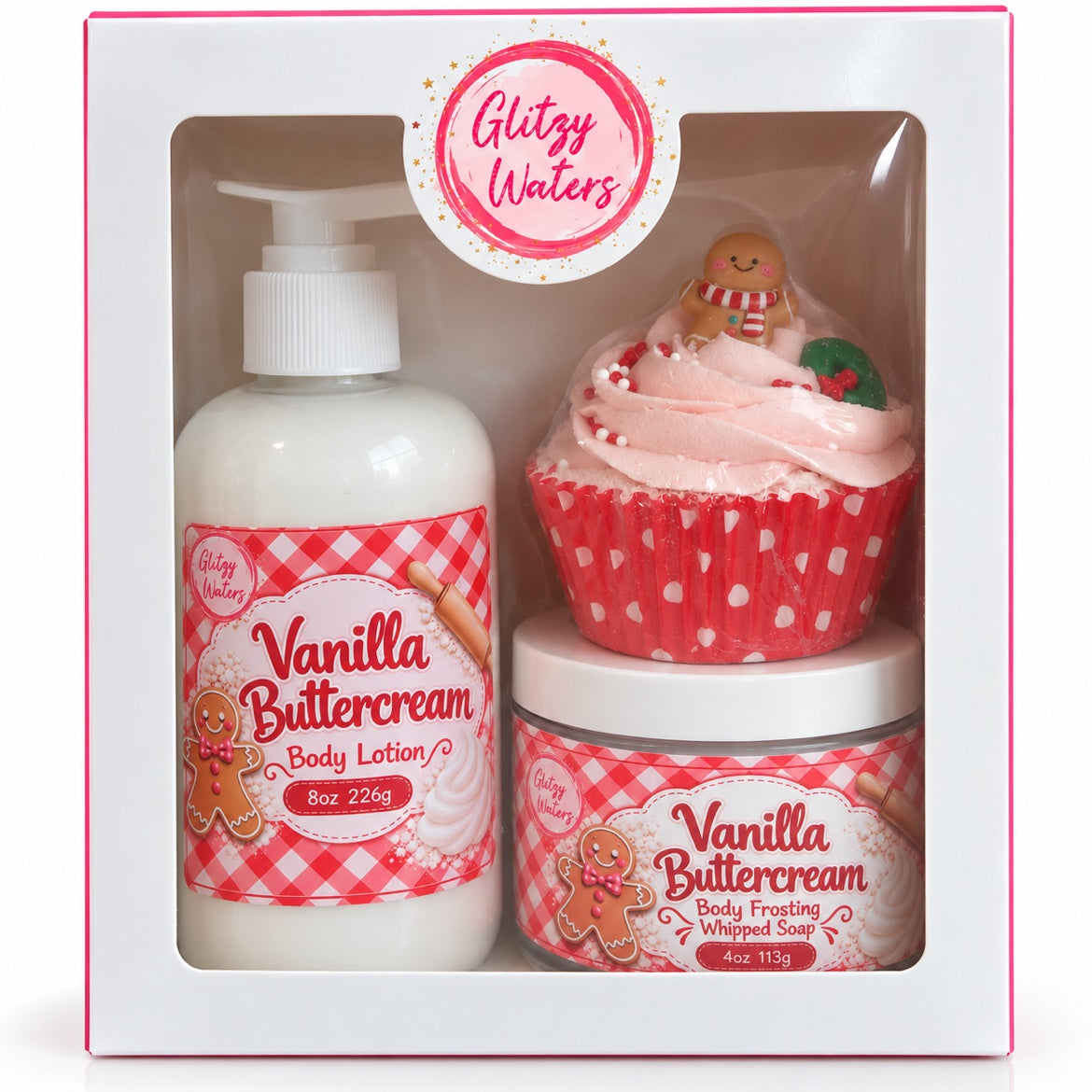 Vanilla Buttercream Gift Set by Glitzy Waters — body lotion, whipped soap and cupcake bath bomb in a gift box