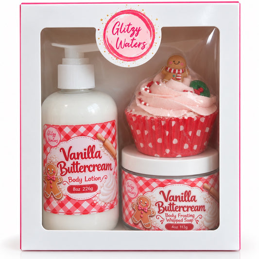 Vanilla Buttercream Gift Set by Glitzy Waters — body lotion, whipped soap and cupcake bath bomb in a gift box