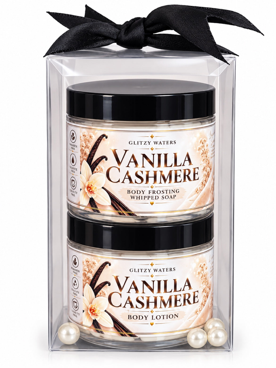 Vanilla Cashmere Gift Set by Glitzy Waters — body lotion and whipped soap jars in a clear gift box with black bow